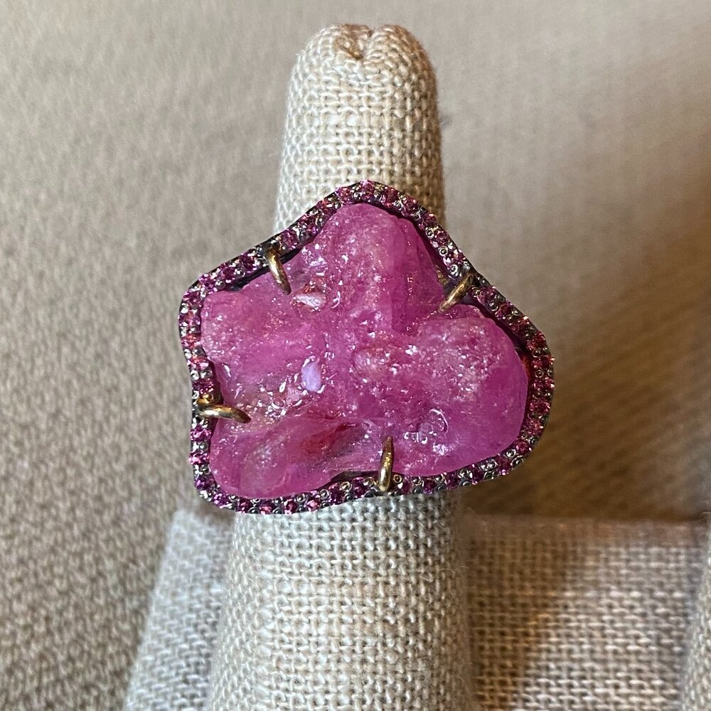 Pink sapphire and Rhodolite ring in oxidized silver